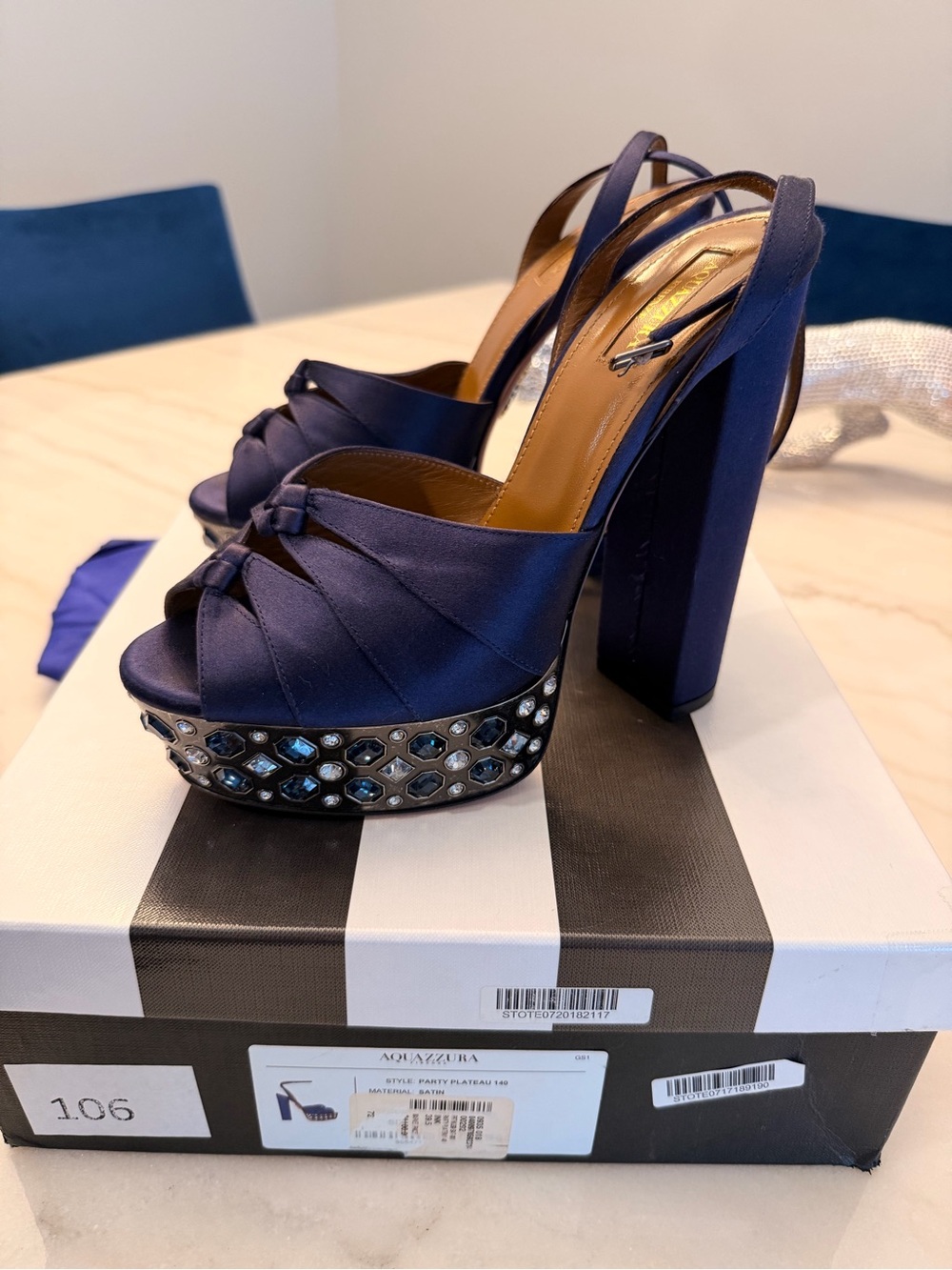 Aquazzura Navy Satin Jeweled Platform Slingback Pumps